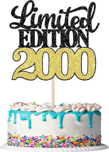 1 Stück Limited Edition 2000 Cake Topper Glitzer 25th Geburtstag Tortendeko Prost auf 25 Jahre 25 & Fabelhaft Kuchen Deko für Männer und Frauen Geburtstag Party Kuchen Dekoration Schwarz Gold von SYKYCTCY