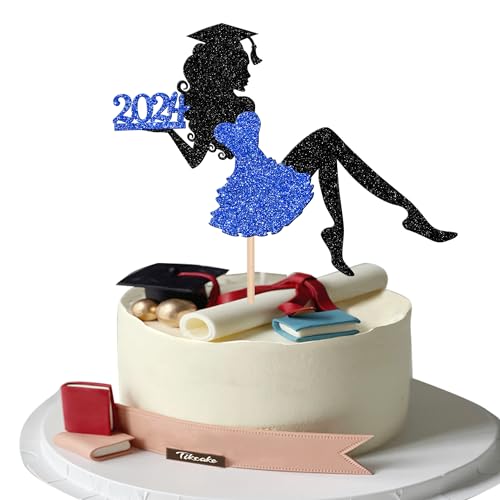 1 Stück Mädchen Abschluss Tortendeko Glitzer Grad Cap Diploma Kuchen Deko 2024 Senior Graduation Cake Pick für 2024 Mädchen Schule Abschluss Theme Party Kuchen Dekoration Cake Pick Blau von SYKYCTCY