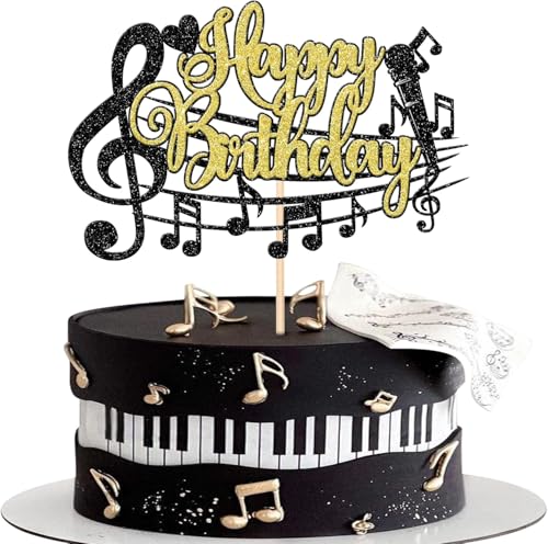 1 Stück Musik Noten Happy Birthday Tortendeko Glitzer Schwarz Gold Kuchen Deko Musical Symbol Kuchendeko für Rock Musik Konzert Thema Baby Shower Hochzeit Geburtstag Party Torten Dekorationen von SYKYCTCY