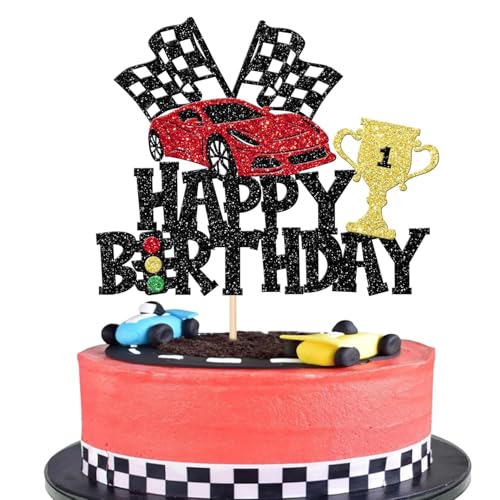 1 Stück Renn Auto Cake Topper Happy Birthday Rennwagen Karierter Flagge Tortendeko Jungen Mädchen Geburtstag Racing Sports Kuchen Deko Baby Dusche Geburtstag Party Kuchen Dekorationen Schwarz Rot von SYKYCTCY