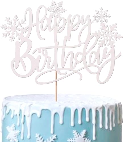 1 Stück Schneeflocken Tortendeko Glitzer Happy Birthday Winter Kuchen Deko Gefrorenes Thema Cake Topper für Eingefroren Thema Geburtstag Party Weihnachten Baby Dusche Kuchen Dekoration Weiß von SYKYCTCY