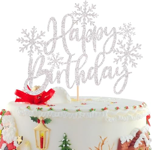 1 Stück Schneeflocken Tortendeko Happy Birthday Schneeflocken Kuchen Deko Glitzer Winter Thema Cake Topper Kuchen Deko für Winter Thema Weihnachten Geburtstag Party Kuchen Dekoration Silber von SYKYCTCY