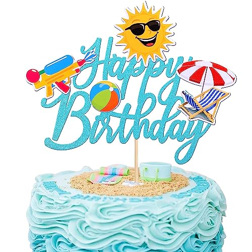 1 Stück Sommer Strand Happy Birthday Tortendeko Glitzer Ball Sonne Regenschirm Wasserpistole Sommer Pool Kuchen Deko für Sommer Hawaii Urlaub Baby Dusche Geburtstag Party Kuchen Dekorationen von SYKYCTCY