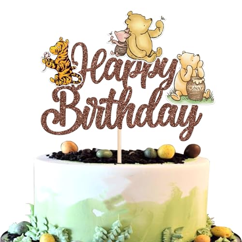 1 Stück Winnie Tortendeko Glitzer Happy Birthday Winnie Bär Kuchen Deko Klassiker Geburtstag Cake Topper für Baby Dusche Braut Dusche Kinder Geburtstags Party Kuchen Dekoration Braun von SYKYCTCY