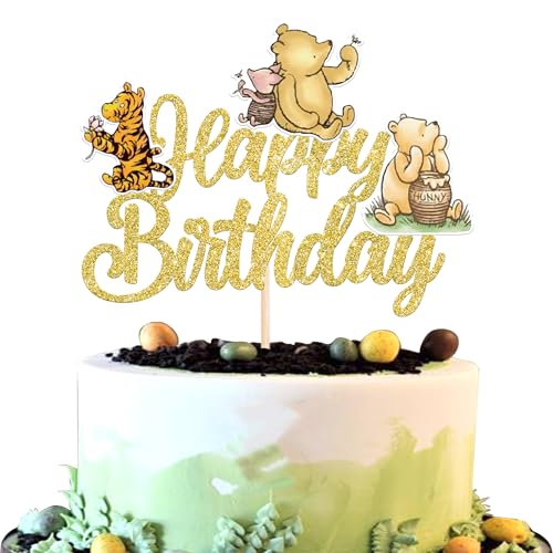 1 Stück Winnie Tortendeko Glitzer Happy Birthday Winnie Bär Kuchen Deko Klassiker Geburtstag Cake Topper für Baby Dusche Braut Dusche Kinder Geburtstags Party Kuchen Dekoration Gold von SYKYCTCY