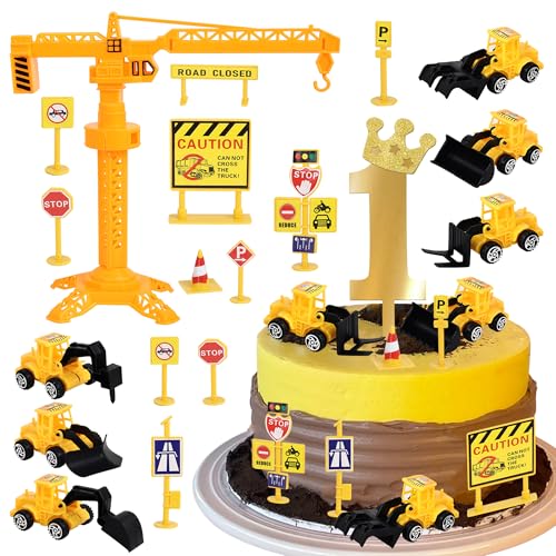 SYKYCTCY 17 Stück Baufahrzeuge Tortendeko Set Acryl Anzahl 1 Cake Topper Straße Schild Turm Bagger Kuchen Deko für BAU Thema Baby Dusche Kinder 1. Geburtstag Party Kuchen Dekorationen von SYKYCTCY