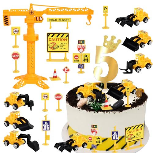 17 Stück Baufahrzeuge Tortendeko Set Acryl Anzahl 5 Cake Topper Straße Schild Turm Bagger Kuchen Deko für Bau Thema Baby Dusche Kinder 5. Geburtstag Party Kuchen Dekorationen von SYKYCTCY