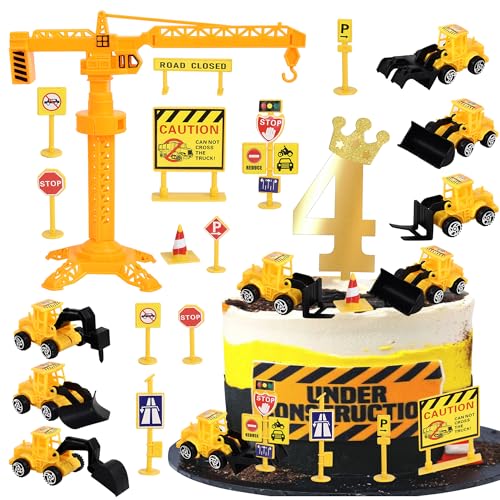 17 Stück Baufahrzeuge Tortendeko Set Straße Schild Turm Bagger Kuchen Deko Acryl Anzahl 4 Cake Topper für Bau Thema Baby Dusche Kinder 4. Geburtstag Party Kuchen Dekorationen von SYKYCTCY