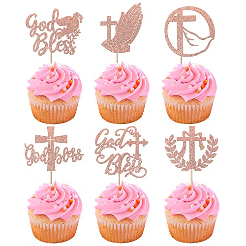 24 God Bless Tortendeko Glitter Kreuz Cupcke Toppers Dove of Peace Gott Segnen Kuchen Deko Religiöse Theme Cupcake Dekorationen für Baby Dusche Geburtstag Party Supplies Rosegold von SYKYCTCY