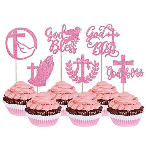 24 God Bless Tortendeko Religiösen Theme Cupcake Toppers Glitter Cross Dove of Peace God Bless Kuchen Deko Erste Heilige Kommunion Cupcake Picks für Baby Dusche Kinder Geburtstag Party Rosa von SYKYCTCY