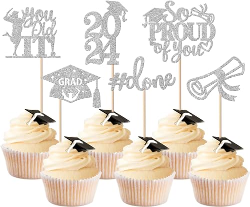 24 Stück 2024 Abschluss Tortendeko, 2024 Graduation Cupcake Toppers So Proud of You Kuchen Deko Grade Cap Torten Dekorationen für 2024 Abschluss Party Kuchen Dekoration Silber von SYKYCTCY