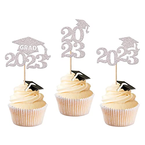 24 Stück 2023 Abschluss Tortendeko Cupcake Toppers Graduation Cake Decorations Cake Topper für Abschluss Party Silver von SYKYCTCY