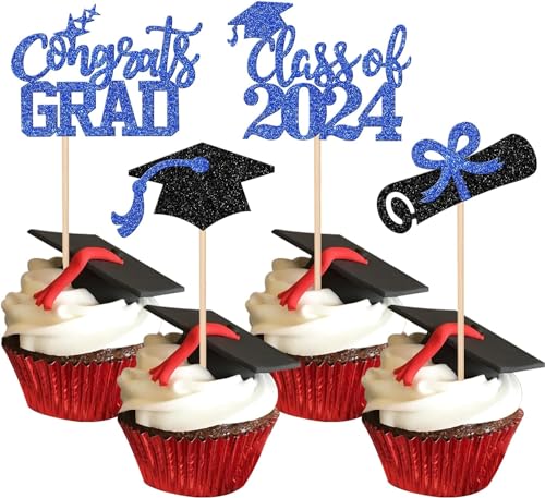 24 Stück 2024 Abschluss Tortendeko Class of 2024 Cupcake Toppers Glitzer Diplom Grad Cap Kuchen Deko Absolvent Kuchen Dekoration for 2024 Schule Abschluss Thema Party Torten Dekorationen Schwarz Blau von SYKYCTCY