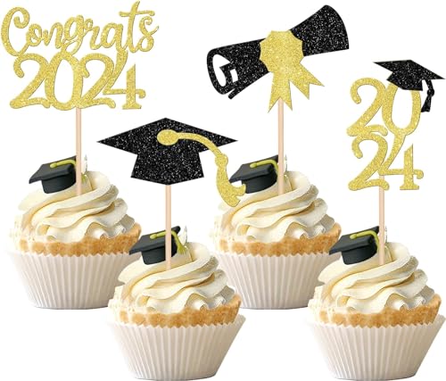 24 Stück 2024 Abschluss Tortendeko Congrats Abschluss Cupcake Toppers Glitzer Diploma Grad Cap Kuchen Deko für 2024 Schule Graduierung Thema Party Kuchen Dekoration Schwarz Gold von SYKYCTCY