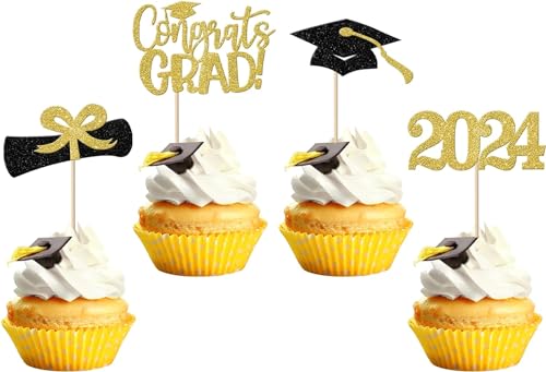 24 Stück 2024 Abschluss Tortendeko Glitzer Class of 2024 Cupcake Toppers Diplom Done Congrats Grad 2024 Kuchen Deko für 2024 Absolvent Thema Party Kuchen Dekoration Schwarz Gold von SYKYCTCY