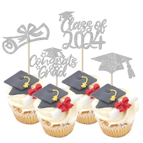 24 Stück 2024 Abschluss Tortendeko Glitzer Class of 2024 Diploma Grad Cap Kuchen Deko 2024 Graduation Cupcake Toppers für Schule 2024 Absolvent Thema Party Kuchen Dekoration Silber von SYKYCTCY