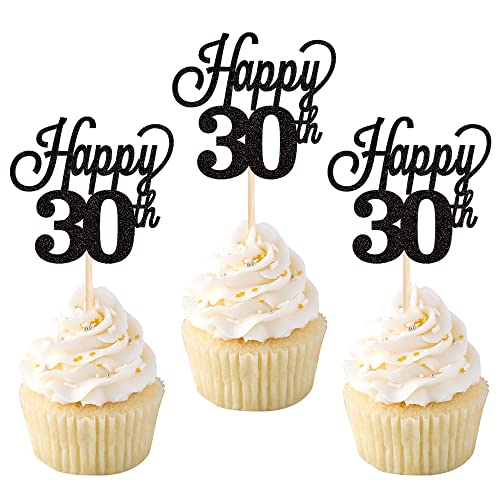 24 Stück 30 Cupcake Toppers Glitter"Happy 30th Birthday" Kuchen Topper Nummer 30 Achtzehn Sweet 30 Geburtstag Hochzeitstag Party Kuchen Dekorationen Zubehör Schwarz von SYKYCTCY