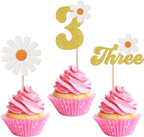 24 Stück 3rd Geburtstag Daisy Tortendeko Glitzer Three Daisy Cupcake Toppers Frühling Gänseblümchen Chrysantheme Kuchen Deko für Dritter Geburtstag Party Dekoration von SYKYCTCY