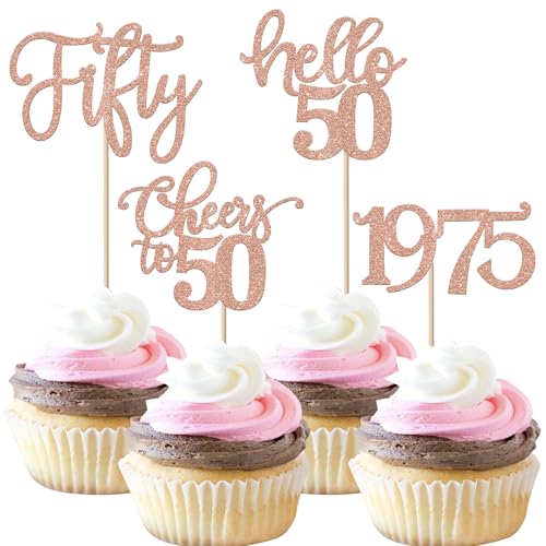 24 Stück 50 Geburtstag Cupcake Toppers Glitter Fifty seit 1975 Prost auf 50 Cupcake Picks Hallo 50 Jahre Geburtstagskuchen Dekorationen für glückliche 50 Geburtstag Jubiläum Party Roségold von SYKYCTCY