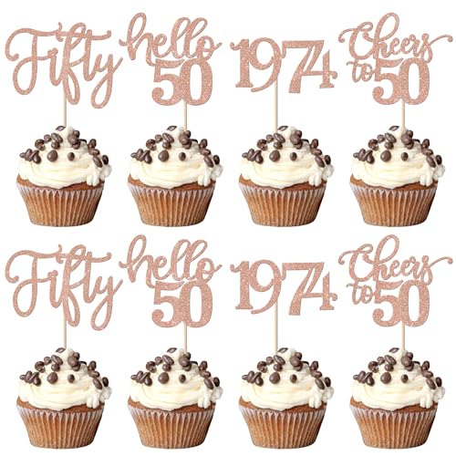 24 Stück 50 Geburtstag Cupcake Toppers Glitter Fifty seit 1974 Prost auf 50 Cupcake Picks Hallo 50 Jahre Geburtstagskuchen Dekorationen für glückliche 50 Geburtstag Jubiläum Party Supplies Roségold von SYKYCTCY