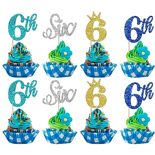 24 Stück 6th Geburtstag Cupcake Toppers Glitzer Sechste Geburtstag Tortendeko Six Kuchen Deko mit Crown Happy Birthday Kuchen Dekorationen für Baby Dusche Jahrestag Party Neu Buntes von SYKYCTCY