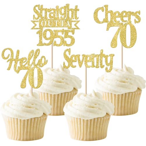 24 Stück 70th Geburtstag Cupcake Toppers Glitzer Straight Outta 1955 Kuchen Deko Seventy Hello 70 Tortendeko für Prost auf 70 Jahre Geburtstag Hochzeit Jahrestag Party Kuchen Dekoration Gold von SYKYCTCY