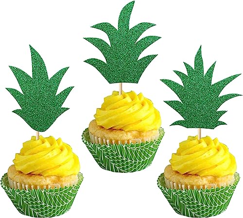 24 Stück Ananas Tortendeko Glitzer Donut Ananas Blatt Kuchen Dekor für Tropical Hawaiian Luau Ananas Thema Baby Dusche Kinder Geburtstag Party Kuchen Dekorationen Tiefgrün von SYKYCTCY