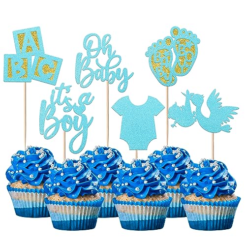 24 Stück Baby Boys Cupcake Toppers Glitzer Strampler Jumpsuit Schwan mit Buchstabe Oh Baby Kuchen Deko Gender Reveal Kuchen Dekorationen für Baby Dusche Junge Geburtstag Thema Party Hellblau von SYKYCTCY