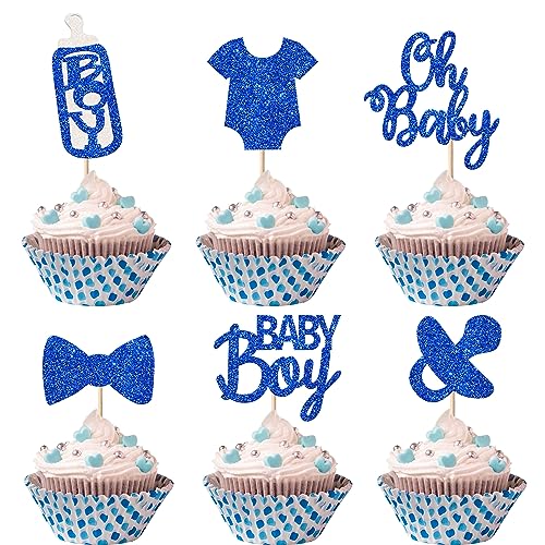 24 Stück Baby Boys Cupcake Toppers Oh Baby Tortendeko Glitzer Schnuller Onesie Jumpsuit Schleife Gender Reveal Dusche Kuchen Dekorationen für Baby Boy Geburtstag Thema Party Dunkelblau von SYKYCTCY