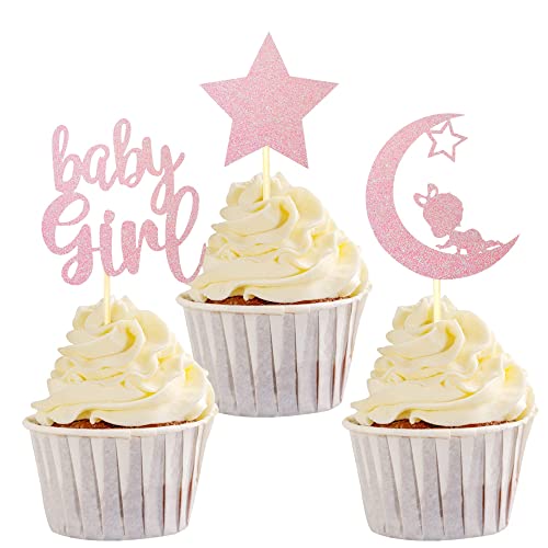 24 Stück Baby Girl Cupcake Toppers It's a Girl Tortendeko Geburtstag Glitter Star Moon Baby Muffin Dekoration Baby Shower Cake Topper Kindergeburtstag Geschlecht Offenbarung Party Dekorationen Rosa von SYKYCTCY