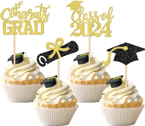 24 Stück Class of 2024 Cupcake Toppers 2024 Abschluss Tortendeko Glitzer Diplom Grad Cap Kuchen Dekoration Absolvent Kuchen Deko for 2024 Schule Abschluss Thema Party Torten Dekorationen Schwarz Gold von SYKYCTCY