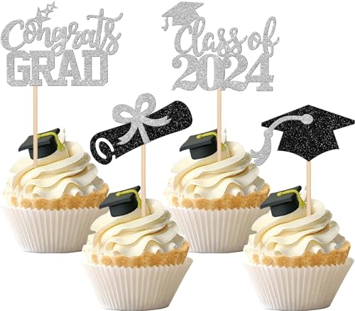 24 Stück Class of 2024 Tortendeko Abschluss Cupcake Toppers Glitzer Diplom Grad Cap Kuchen Deko Absolvent Kuchen Dekoration for 2024 Schule Abschluss Thema Party Torten Dekorationen Schwarz Silber von SYKYCTCY