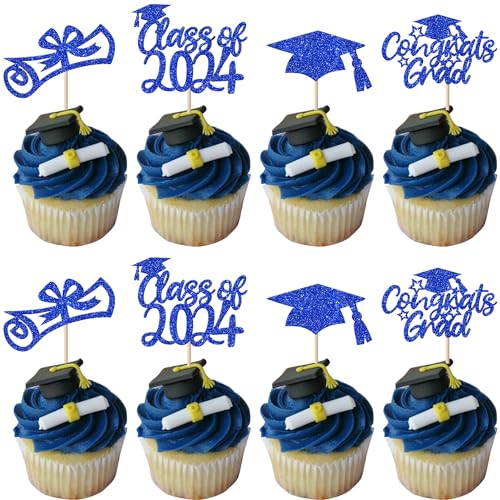 24 Stück Class of 2024 Tortendeko Glitzer Abschluss Cupcake Toppers 2024 Diploma Grad Cap Kuchen Deko für Schule 2024 Absolvent Thema Party Kuchen Dekoration Blau von SYKYCTCY