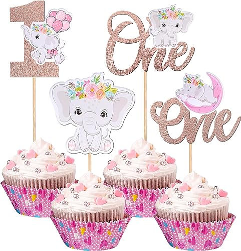 24 Stück Elefant One Tortendeko Elephant Happy 1st Cupcake Toppers Tiere Themen Kuchen Deko Erster Geburtstag Cupcake Picks für Kinder Jungen Mädchen Baby 1. Geburtstag Party Rosegold von SYKYCTCY