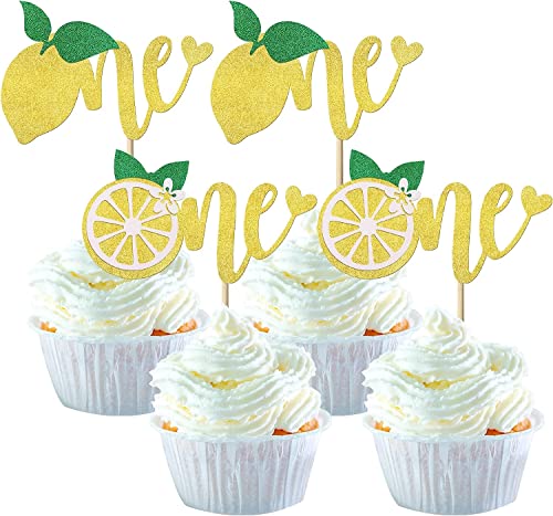 24 Stück Erster Geburtstag Tortendeko, Glitzer Zitrone One Cupcake Toppers Sommer Früchte Torten Deko Cake Toppers für Kinder Jungen Mädchen 1. Geburtstag Baby Dusche Party Supplies von SYKYCTCY