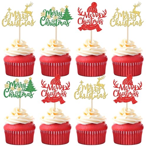 24 Stück Frohe Weihnachten Tortendeko Glitzer Weihnachtsbaum Mütze Kuchen Deko Frohe Weihnachten Weihnachten Neu Jahr Thema Party Kuchen Dekorationen Buntes von SYKYCTCY