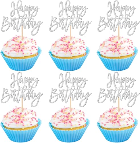 24 Stück Geburtstag Kuchen Deko Glitzer Happy Birthday Cupcake Toppers Geburtstag Tortendeko Gute zum Geburtstag Kuchen Deko für Geburtstag Jahrestag Thema Party Kuchen Dekorationen Silber von SYKYCTCY