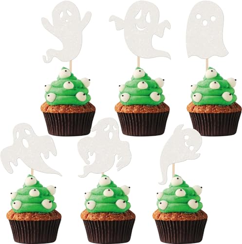 24 Stück Geist Halloween Cupcake Toppers Glitzer Ghost Tortendeko für Happy Halloween Spooky Ghost Theme Party Kuchen Deko Baby Dusche Kinder Geburtstag Party Kuchen Dekorationen Weiß von SYKYCTCY