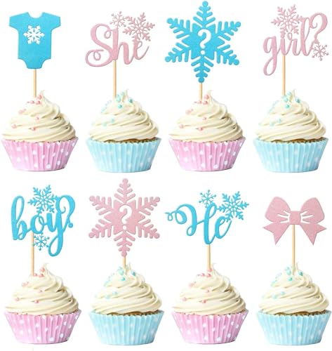 24 Stück Gender Reveal Tortendeko Glitzer Schneeflocken Cupcake Toppers Junge oder Mädchen Kuchen Deko Winter Eingefroren Baby Dusche Geburtstag Kuchen Dekorationen Rosa Blau von SYKYCTCY