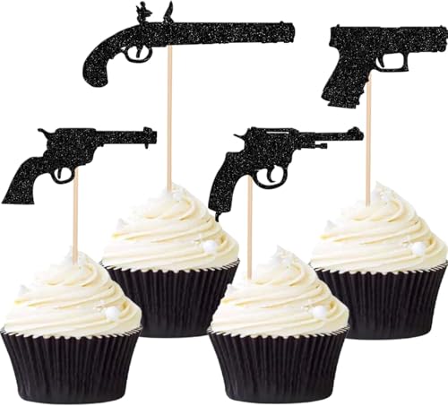 24 Stück Gewehr Cupcake Toppers Glitzer Pistole Pistolen Schießen Thema Tortendeko Waffe Schießen Kuchen Deko für Militär Waffe Thema Baby Dusche Geburtstag Party Kuchen Dekorationen Schwarz von SYKYCTCY