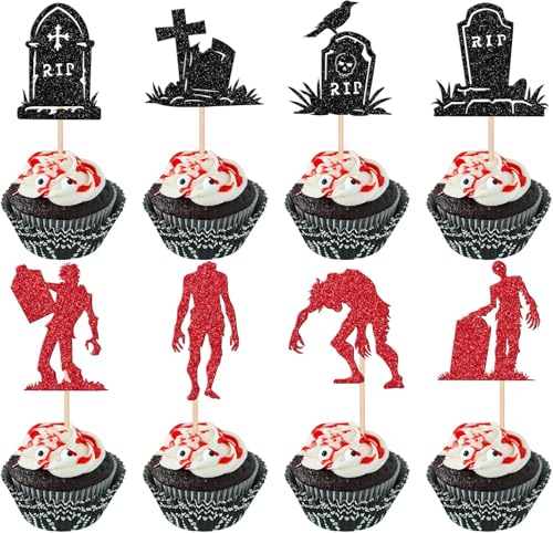 24 Stück Halloween Grabstein Tortendeko RIP Friedhof Graveyard Rot Zombie Skelett Krähe Kuchen Deko Halloween Cupcake Toppers für Halloween Thema Geburtstag Party Kuchen Dekorationen Schwarz Rot von SYKYCTCY