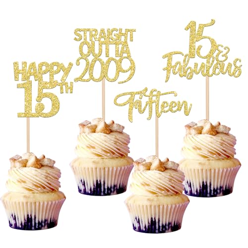 24 Stück Happy 15th Tortendeko Straight Outta 2009 Fifteen Cupcake Toppers Awesome Since 2009 Fabulous 15 Kuchen Deko for 15th Geburtstag Jahrestag Party Kuchen Dekoration Gold von SYKYCTCY