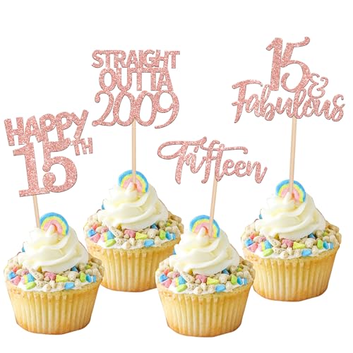 24 Stück Happy 15th Tortendeko Straight Outta 2009 Fifteen Cupcake Toppers Awesome Since 2009 Fabulous 15 Kuchen Deko for 15th Geburtstag Jahrestag Party Kuchen Dekoration Rosegold von SYKYCTCY