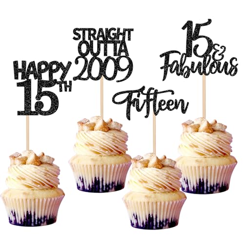 24 Stück Happy 15th Tortendeko Straight Outta 2009 Fifteen Cupcake Toppers Awesome Since 2009 Fabulous 15 Kuchen Deko for 15th Geburtstag Jahrestag Party Kuchen Dekoration Schwarz von SYKYCTCY