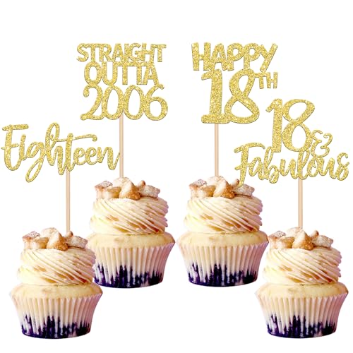 24 Stück Happy 18th Tortendeko Straight Outta 2006 Eightteen Cupcake Toppers Awesome Since 2006 Fabulous 18 Kuchen Deko for 18th Geburtstag Jahrestag Party Kuchen Dekoration Gold von SYKYCTCY