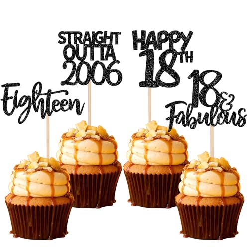 24 Stück Happy 18th Tortendeko Straight Outta 2006 Eightteen Cupcake Toppers Awesome Since 2006 Fabulous 18 Kuchen Deko for 18th Geburtstag Jahrestag Party Kuchen Dekoration Schwarz von SYKYCTCY