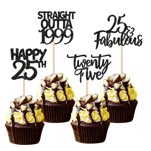 24 Stück Happy 25th Tortendeko Straight Outta 1999 Twenty Five Cupcake Toppers Awesome Since 1999 Fabulous 25 Kuchen Deko for 25th Geburtstag Jahrestag Party Kuchen Dekoration Schwarz von SYKYCTCY