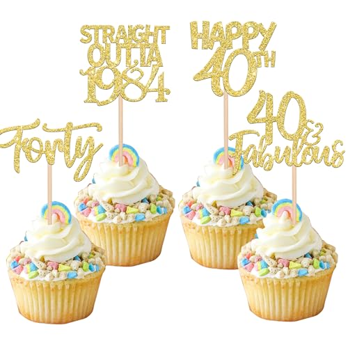 24 Stück Happy 40th Tortendeko Straight Outta 1984 Forty Cupcake Toppers Awesome Since 1984 Fabulous 40 Kuchen Deko for 40th Geburtstag Jahrestag Party Kuchen Dekoration Gold von SYKYCTCY