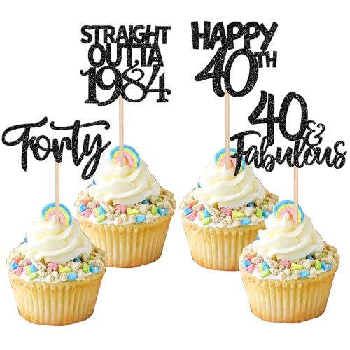 24 Stück Happy 40th Tortendeko Straight Outta 1984 Forty Cupcake Toppers Awesome Since 1984 Fabulous 40 Kuchen Deko for 40th Geburtstag Jahrestag Party Kuchen Dekoration Schwarz von SYKYCTCY