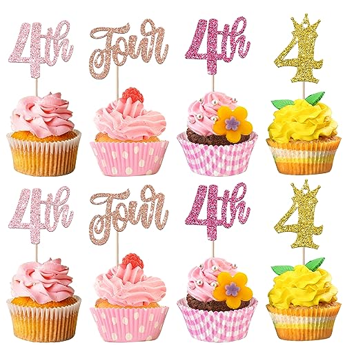 24 Stück Happy Birhtday Cupcake Toppers Glitzer Happy 4th Geburtstag Tortendeko für Crown Four Geburtstag Cupcake Picks Vierte Geburtstag Kuchen Dekorationen für Baby Dusche Jahrestag Party Buntes von SYKYCTCY